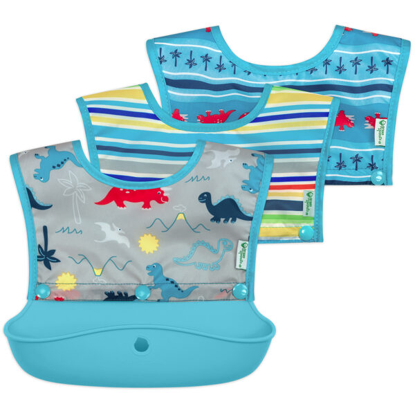 Snap & go® silicone food-catcher bib (3-in-1 set) - Grey Dinosaurs - 6-18m