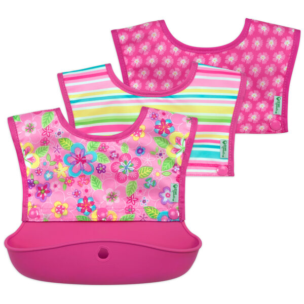 Snap & go® silicone food-catcher bib (3-in-1 set) - Pink Flower Field - 6-18m